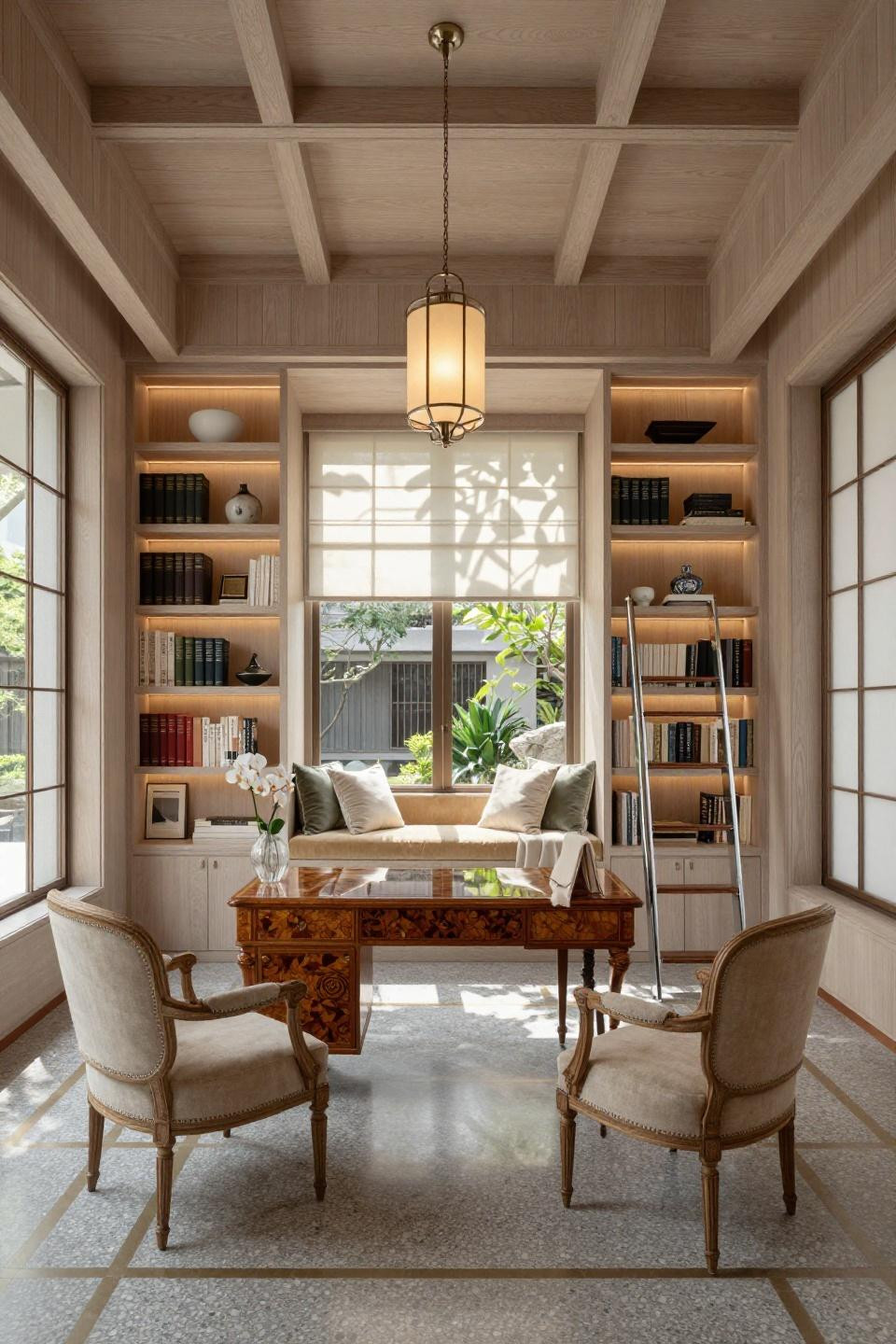 Reading room featuring terrazzo Veneziano flooring and vintage Louis XVI bergère chairs