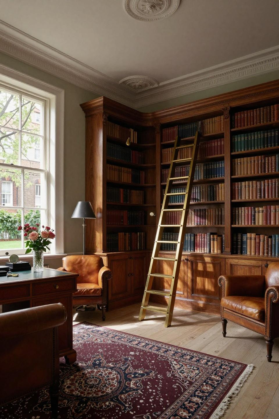 Reading room featuring Chesterfield chairs and Ralph Lauren leather-topped desk