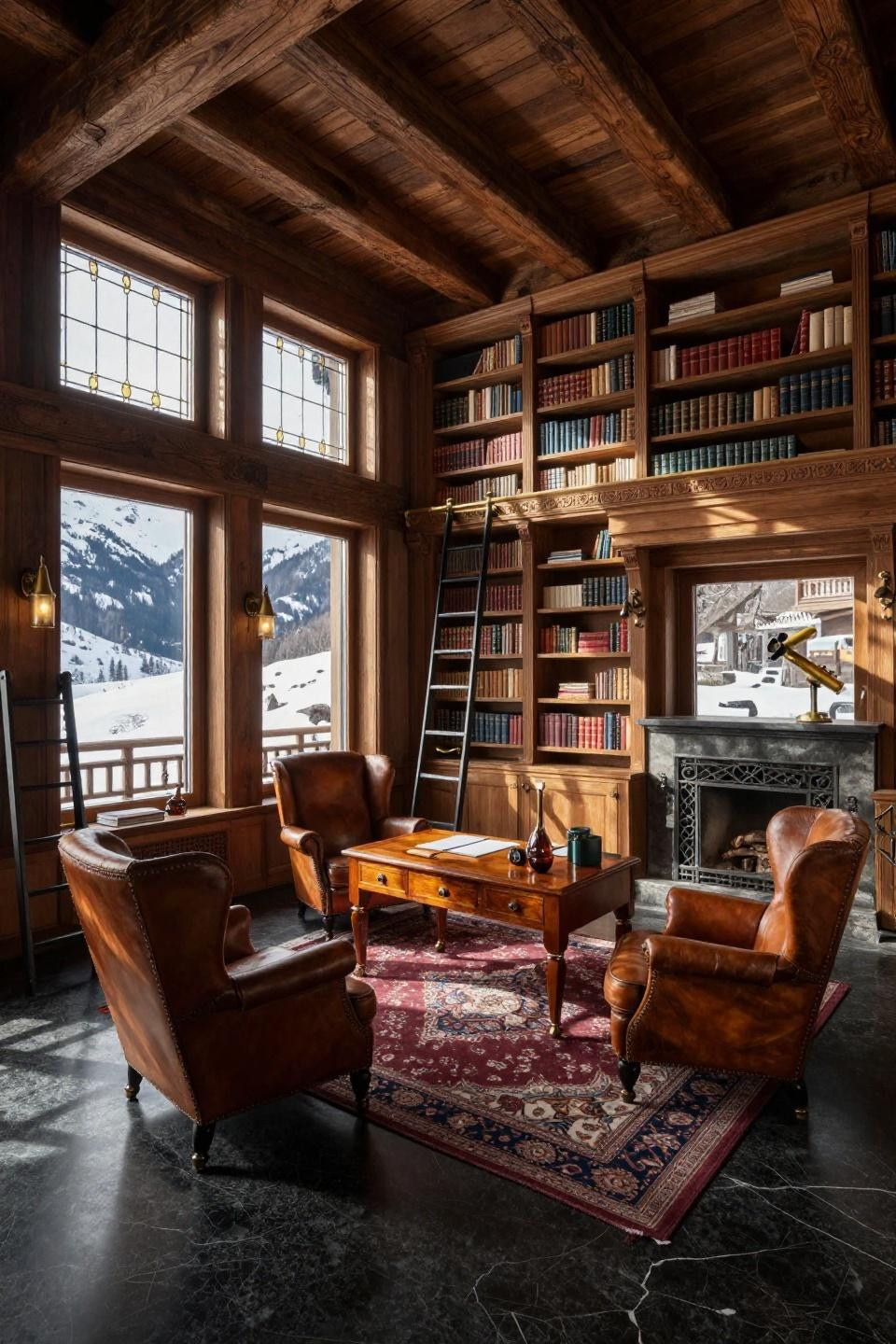 Reading room with 300-year timber beams and first edition book collection