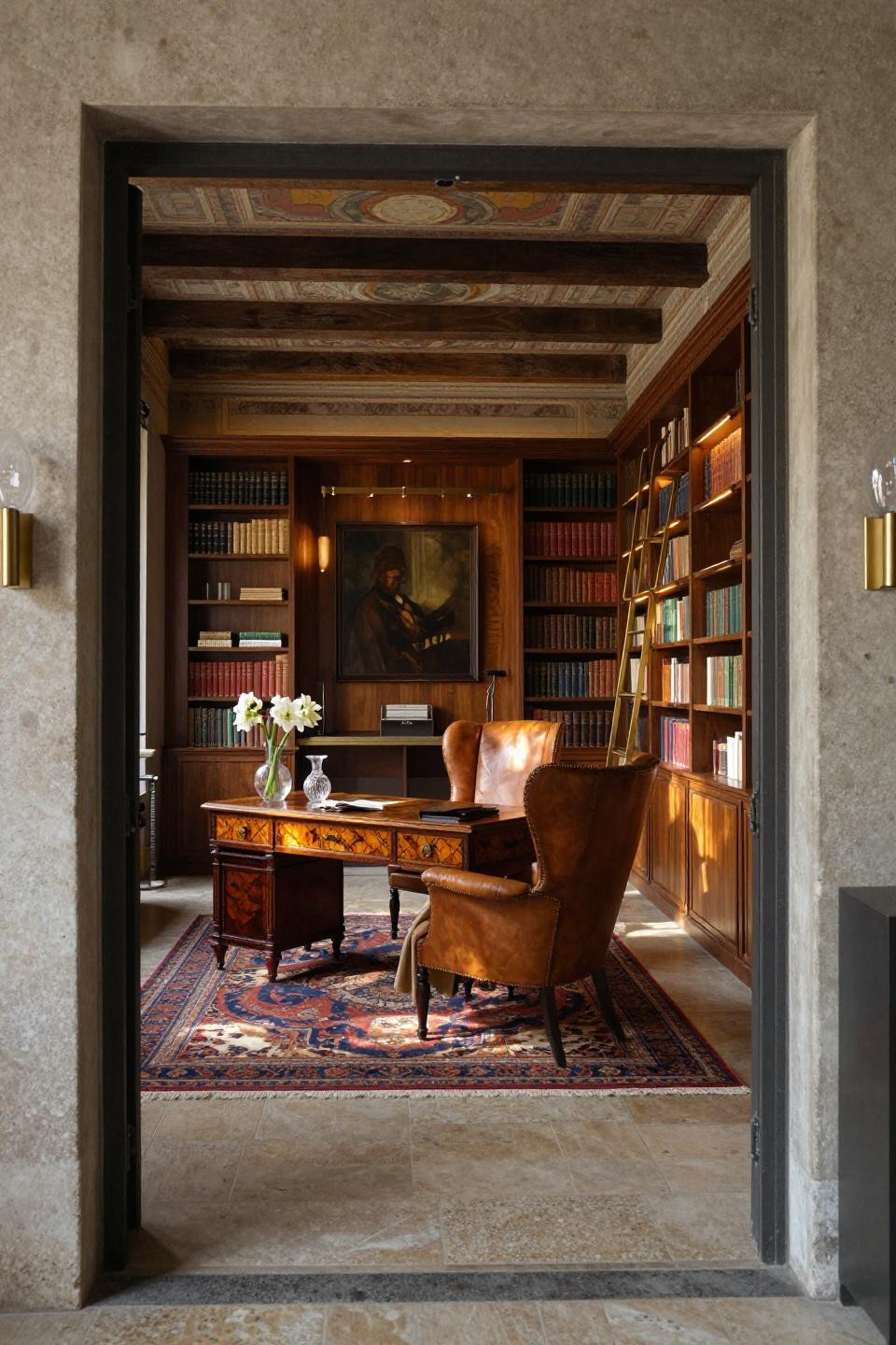 Reading room in converted factory with walnut burl shelving and Apparatus sconces