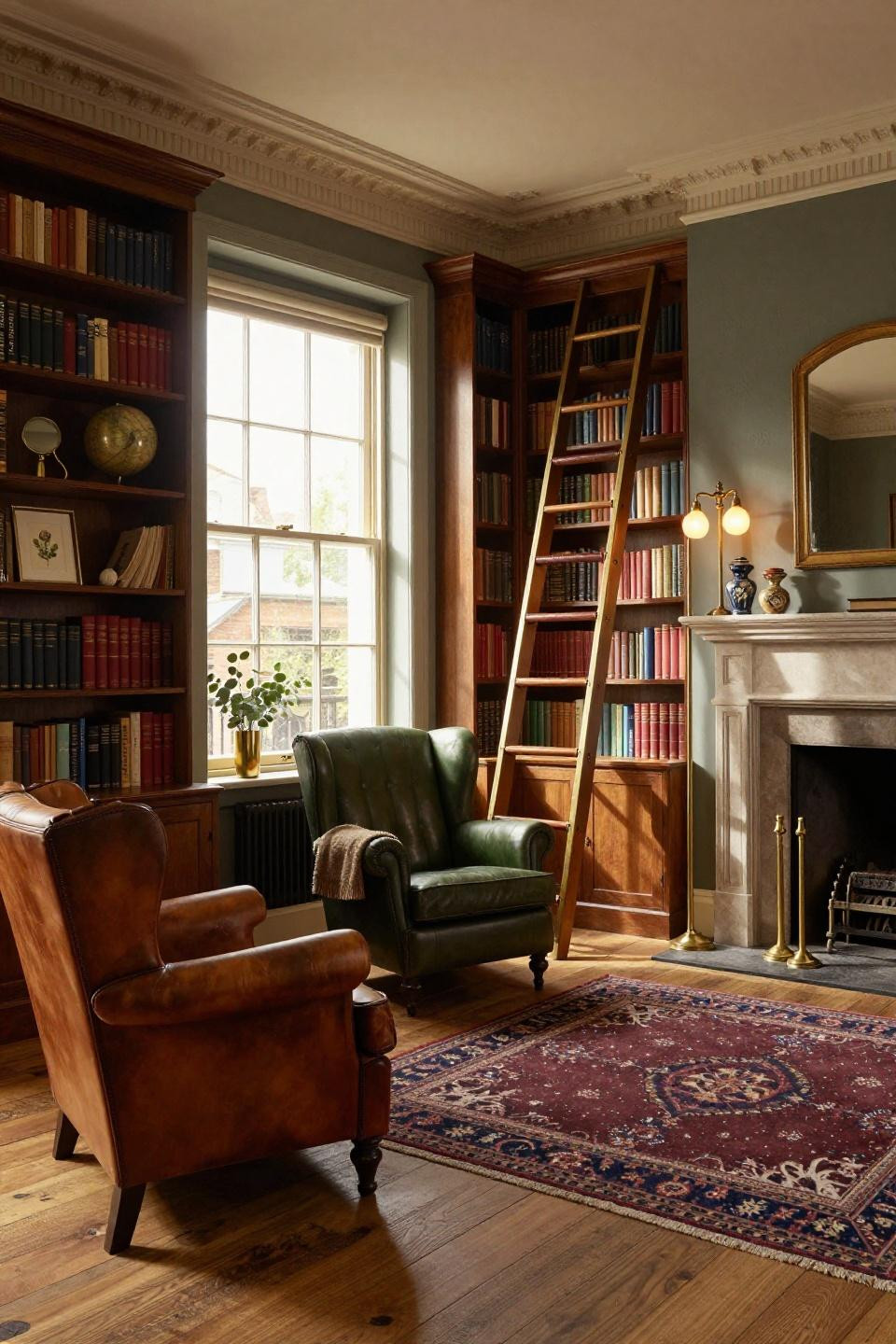 Dream home library with mahogany shelving and vintage leather wingback chairs