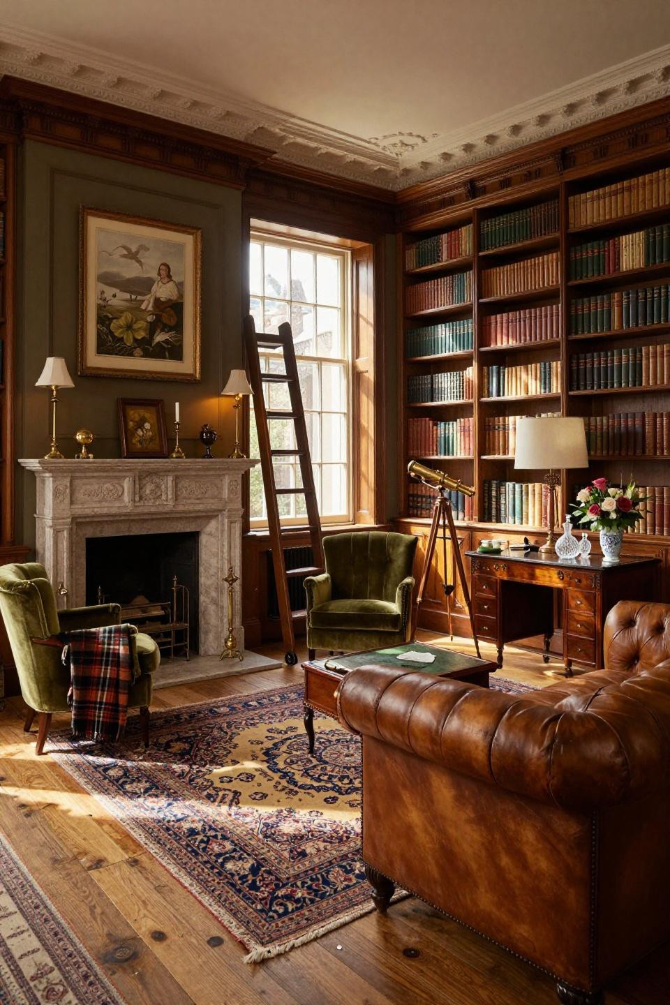 Small library room ideas with travertine fireplace and mahogany partners desk