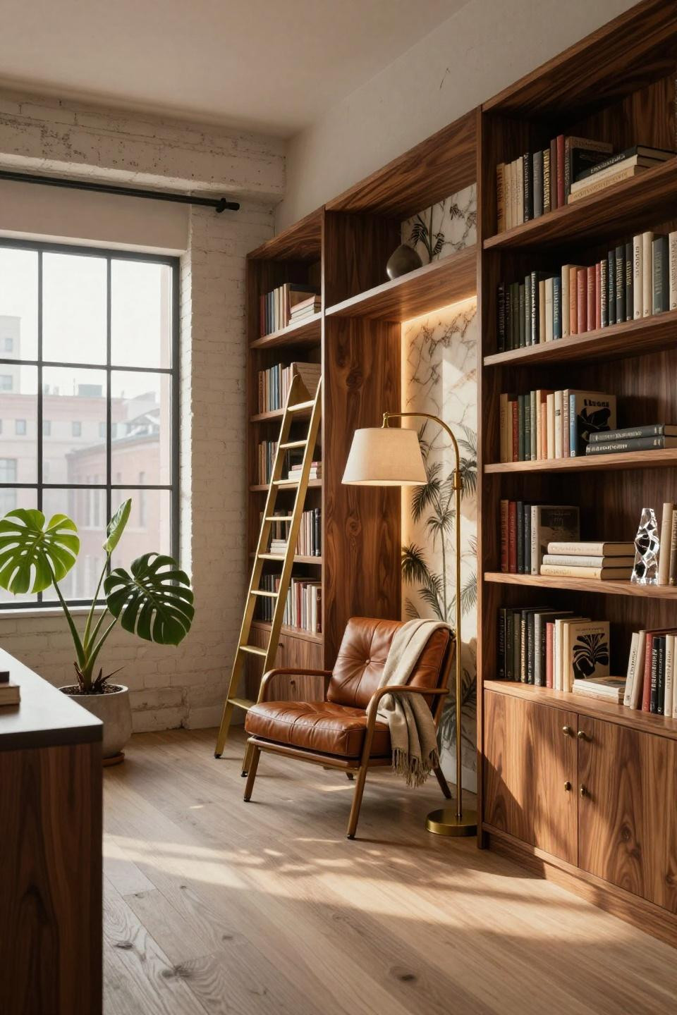 Small home library ideas featuring custom walnut millwork and onyx panels