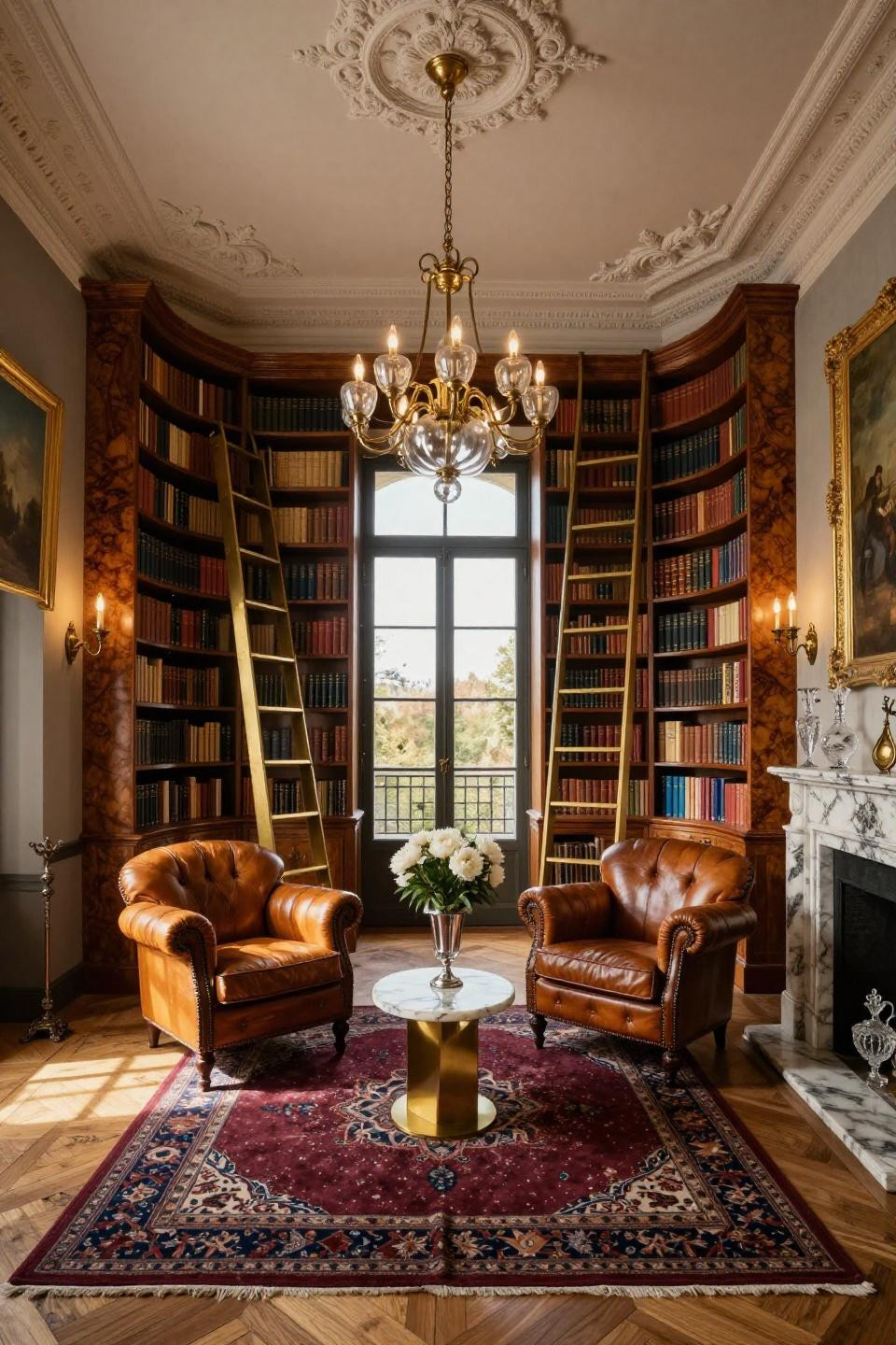 Cozy library room ideas with Holly Hunt marble table and Versailles parquet