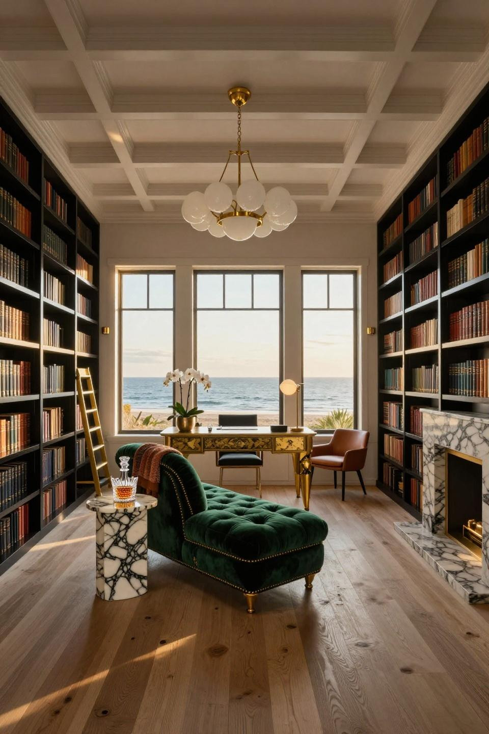 Bookshelves aesthetic with lacquered black shelving and Apparatus Cloud chandelier