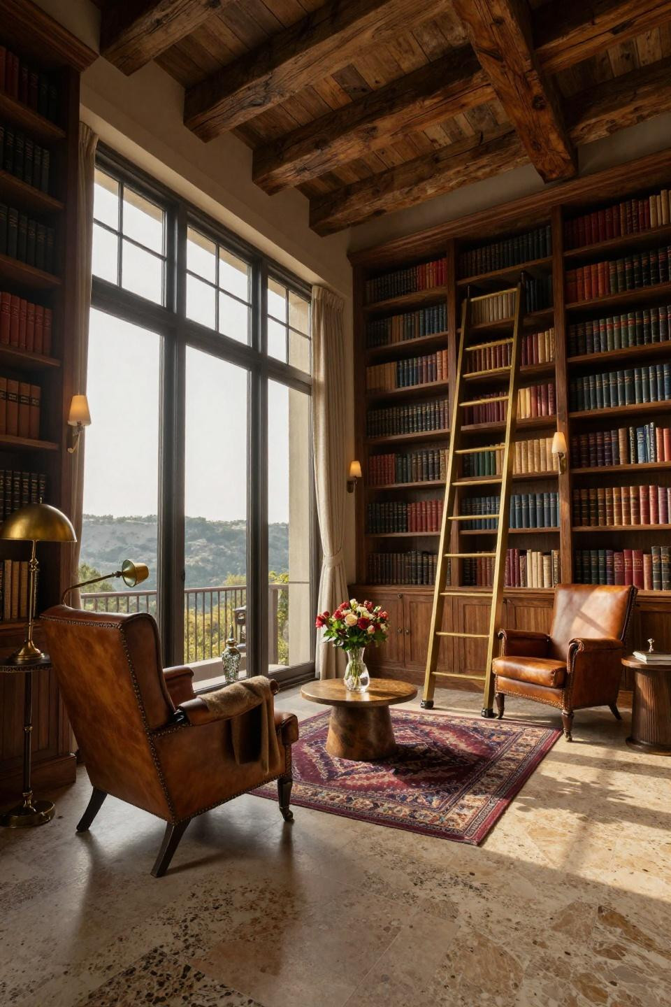 Reading room featuring Restoration Hardware Churchill leather chair and travertine flooring