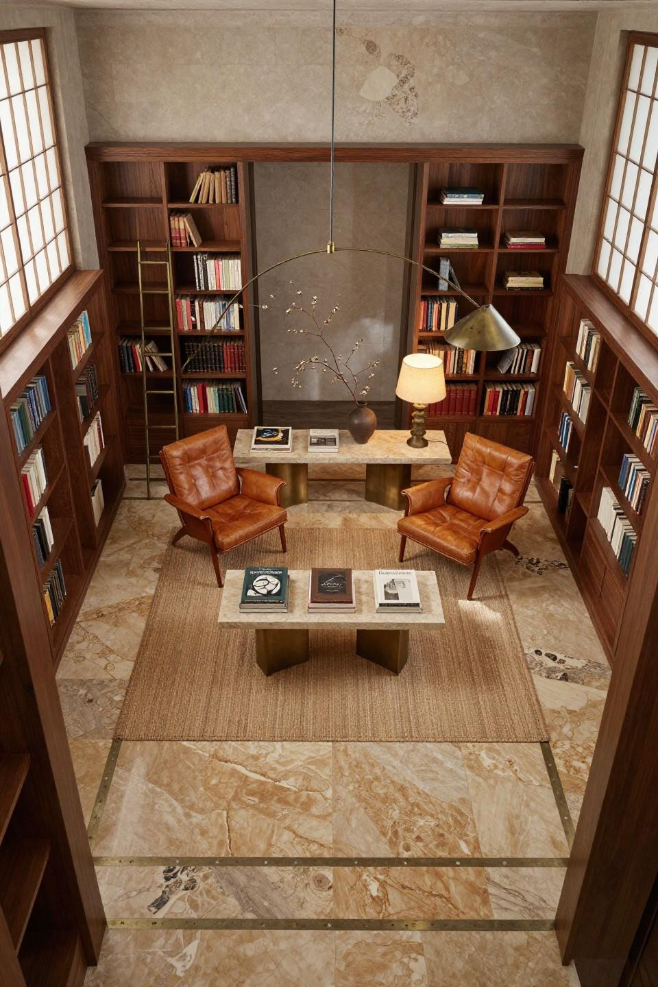 Reading room with book-matched travertine flooring and Poltrona Frau chairs