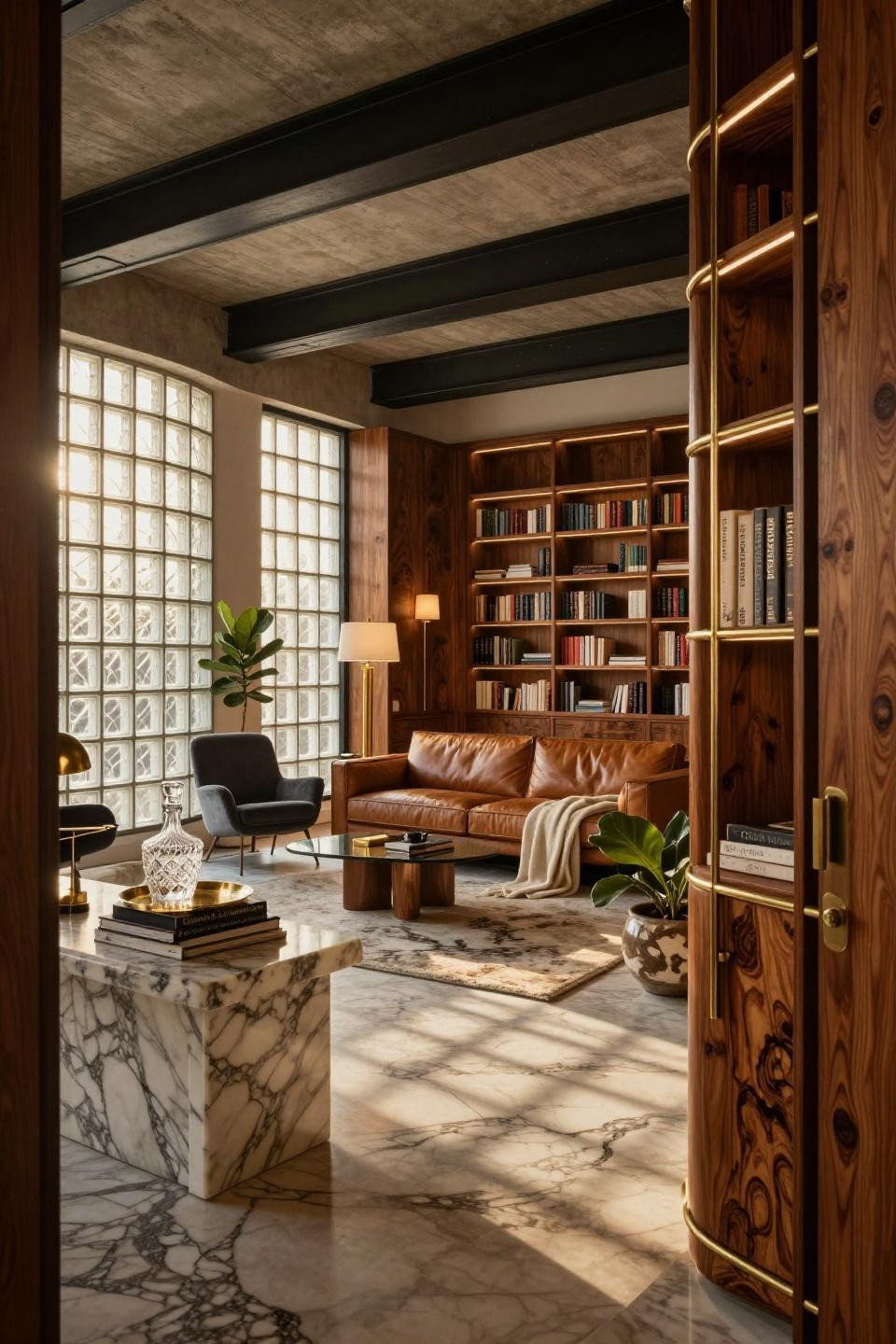 Reading room in 1930s building with custom walnut burl bookshelves and brass ladder
