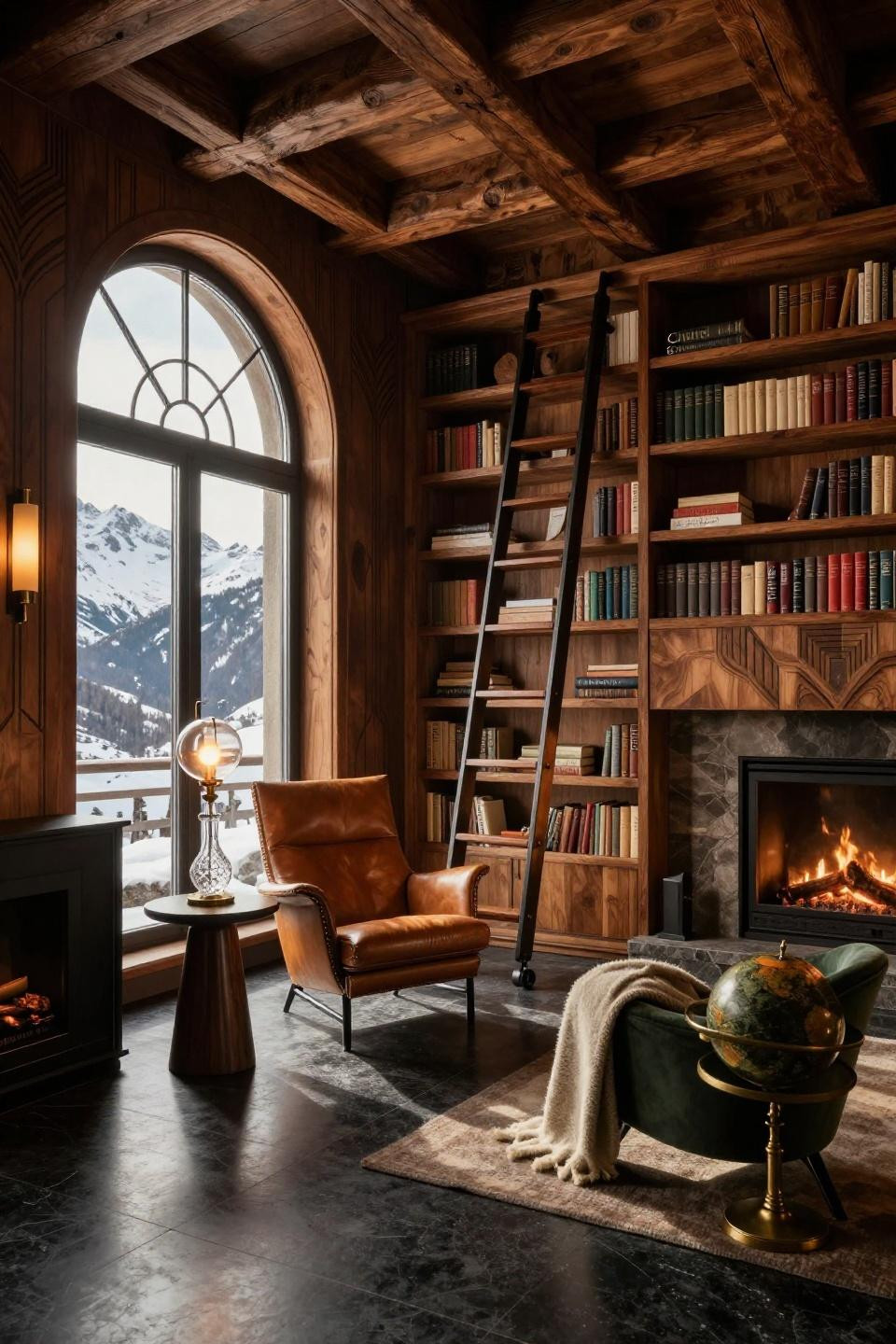 Reading room featuring Minotti Bergère chairs and oil-rubbed iron library ladder