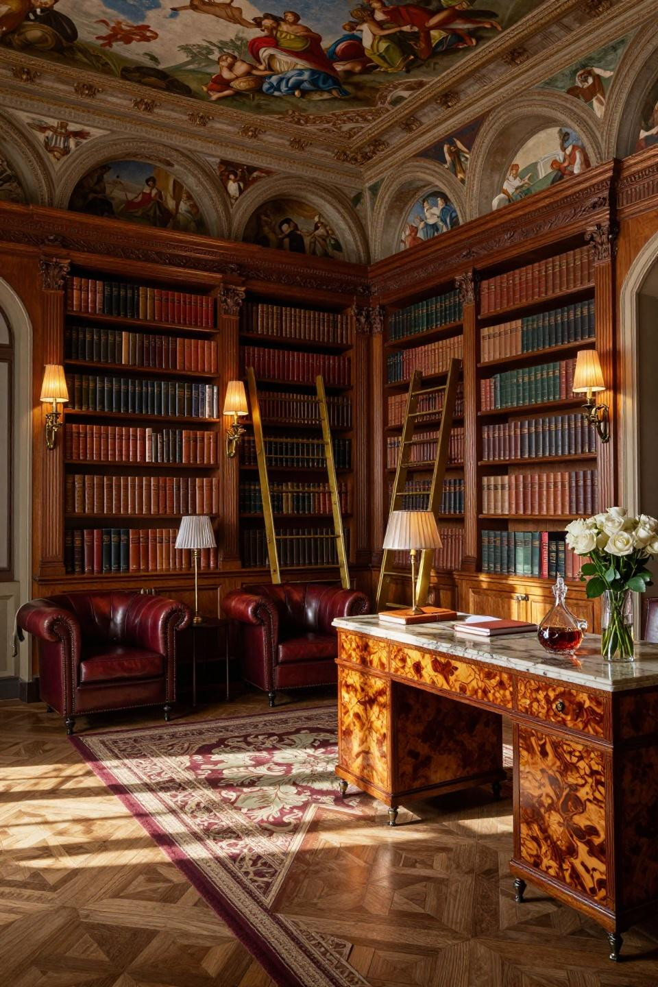 Reading room with Versailles parquet and Aubusson rug in Centro Storico palazzo