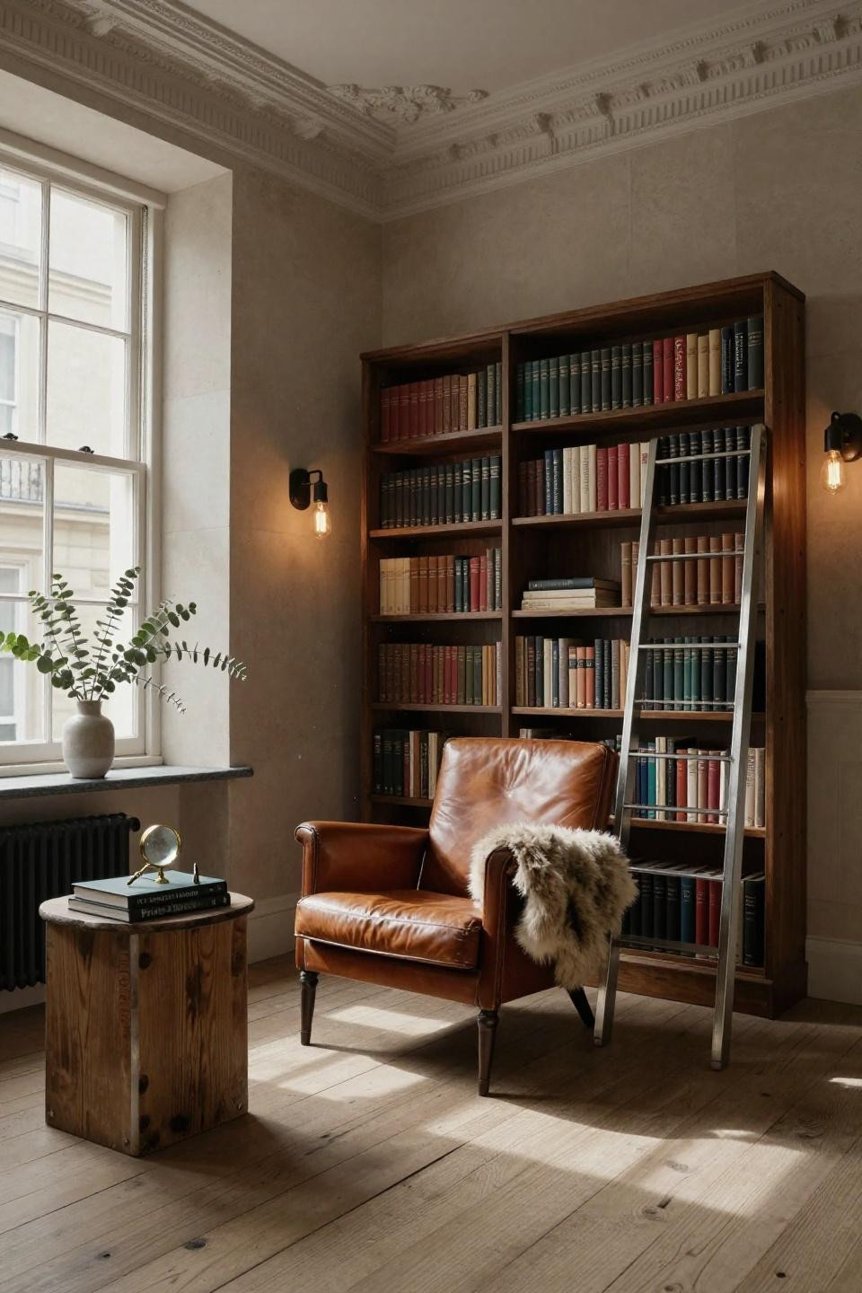 Dream home library with reclaimed industrial steel brackets and polished nickel ladder