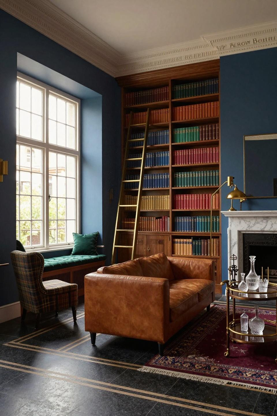 Small library room ideas featuring Farrow & Ball Stiffkey Blue and brass ladder