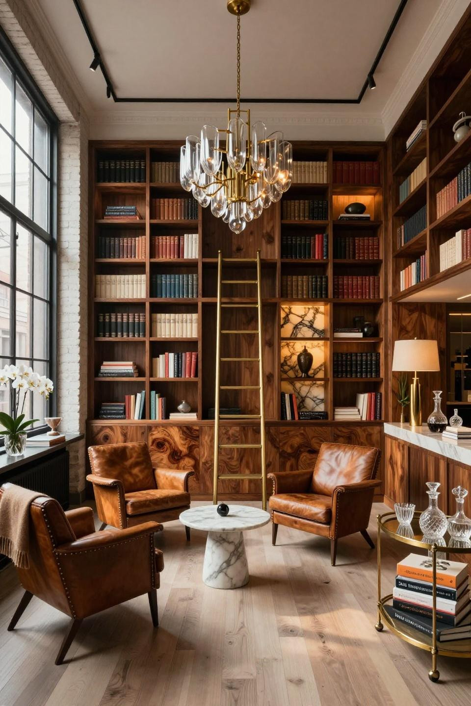 Small home library ideas with walnut burl shelving and industrial steel windows