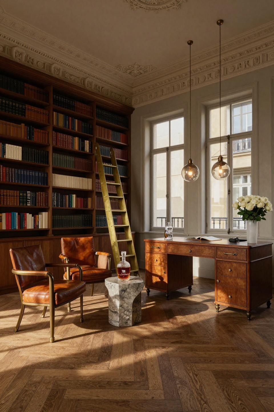 Cozy library room ideas featuring herringbone parquet and Apparatus lighting