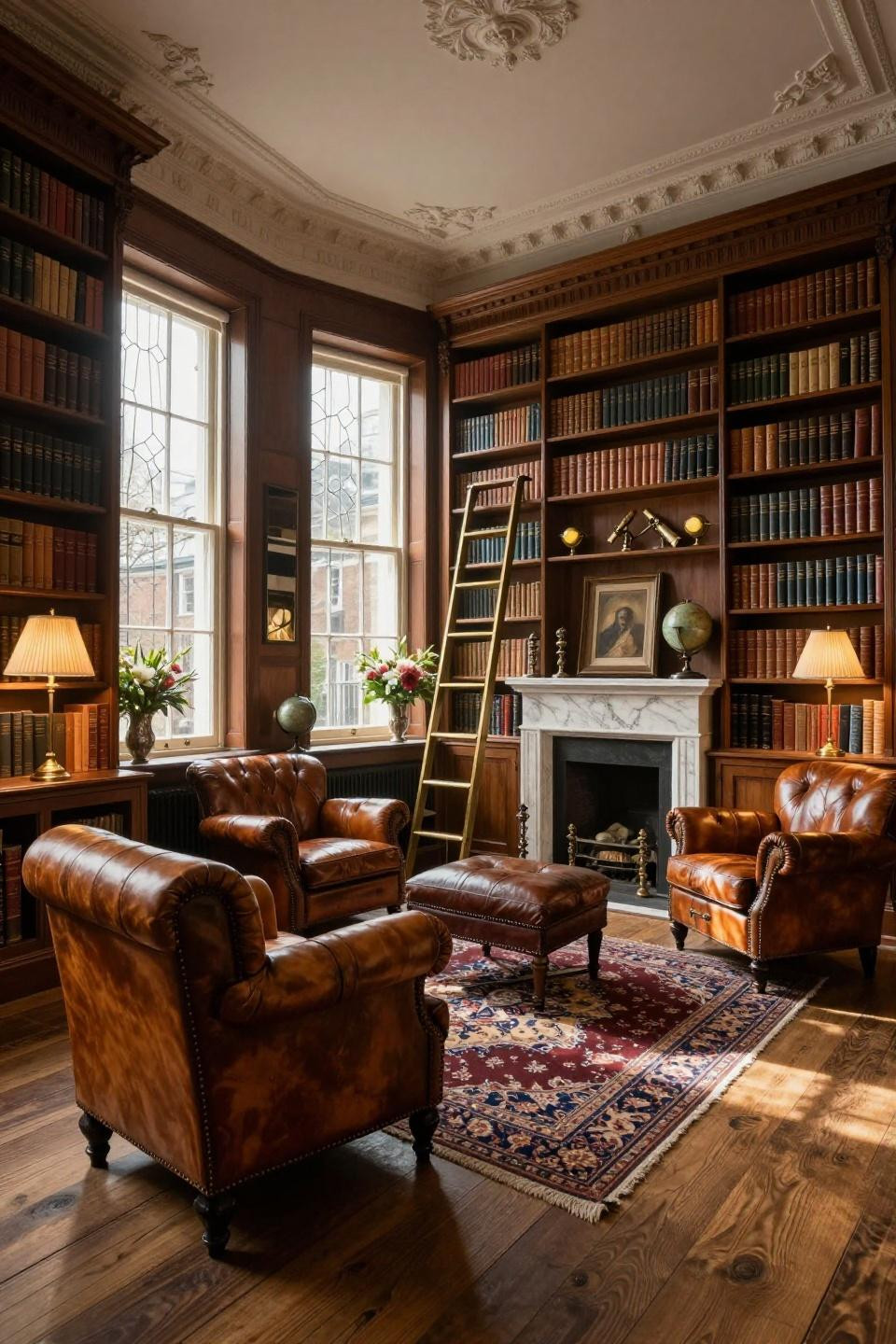 Bookshelves aesthetic with antique brass rolling ladder and Georgian sash windows