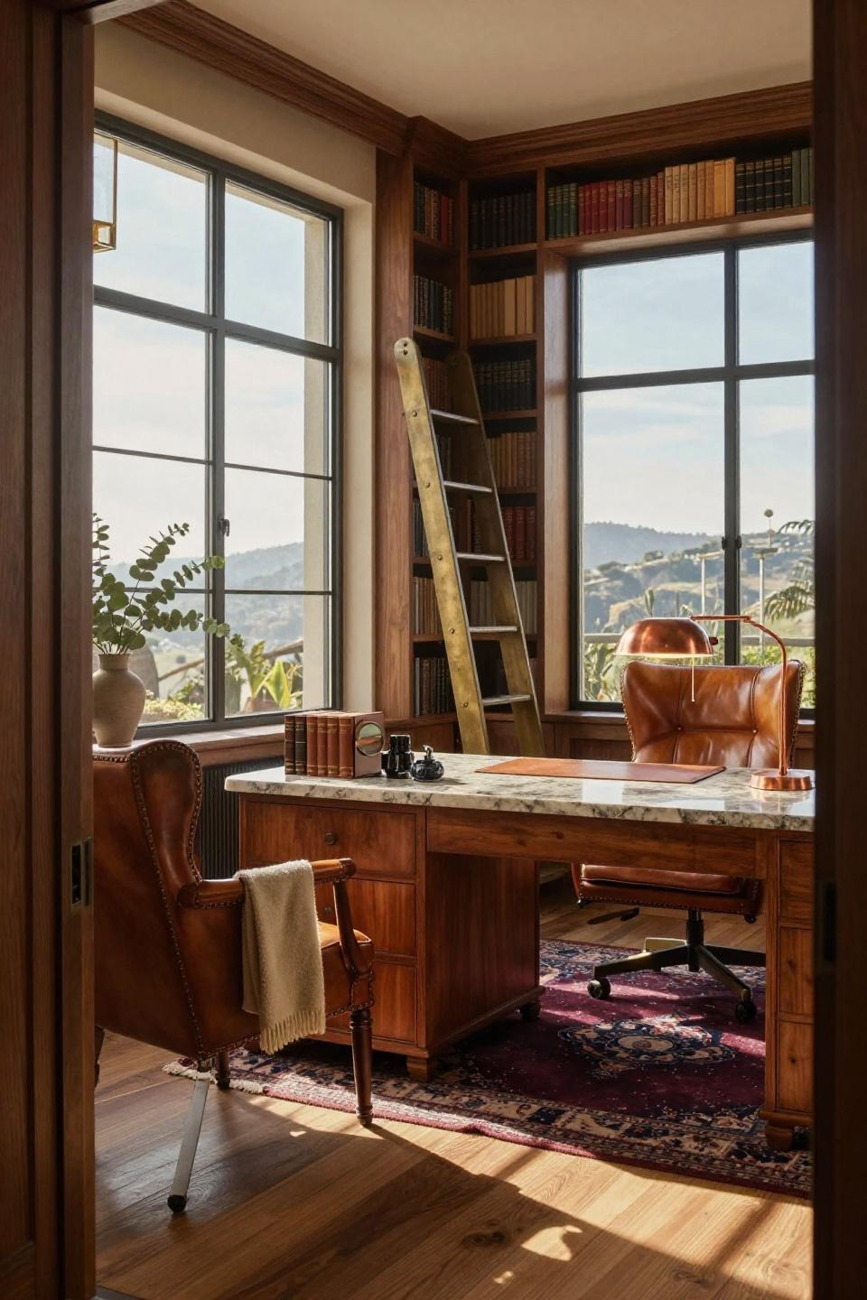 Book room featuring walnut bookshelves with quartzite desk surface and canyon views