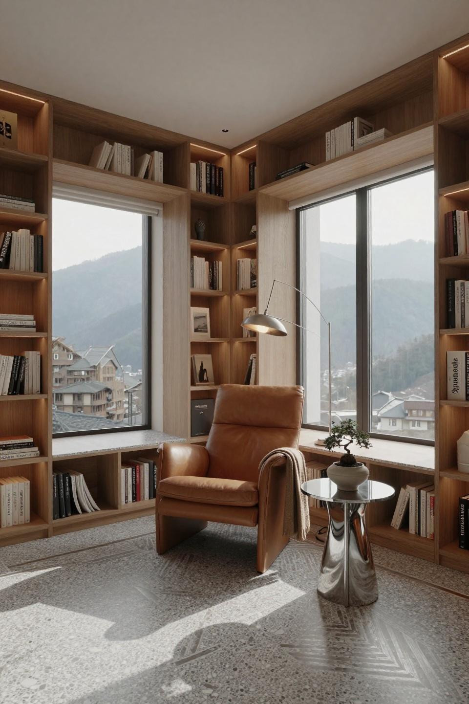 Cozy reading nook with B&B Italia Charles chair and terrazzo Veneziano flooring