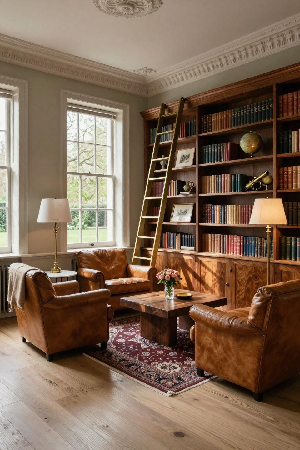 Small home library room with integrated rolling library ladder and B&B Italia armchairs