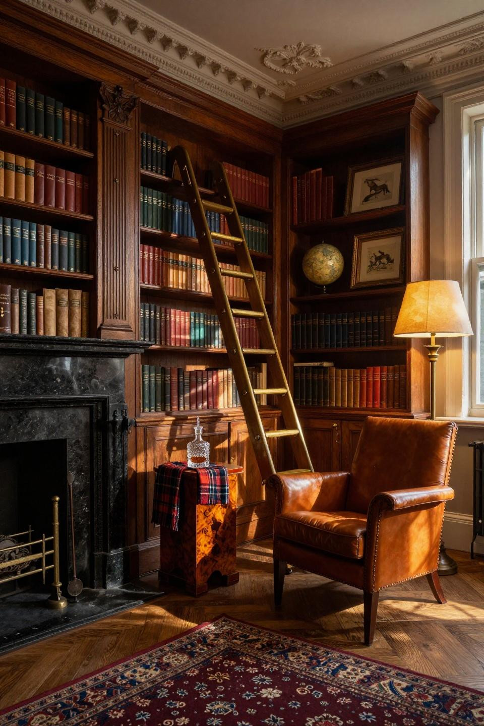 Home library aesthetic featuring mahogany shelving with gilt-spine book collection and brass ladder