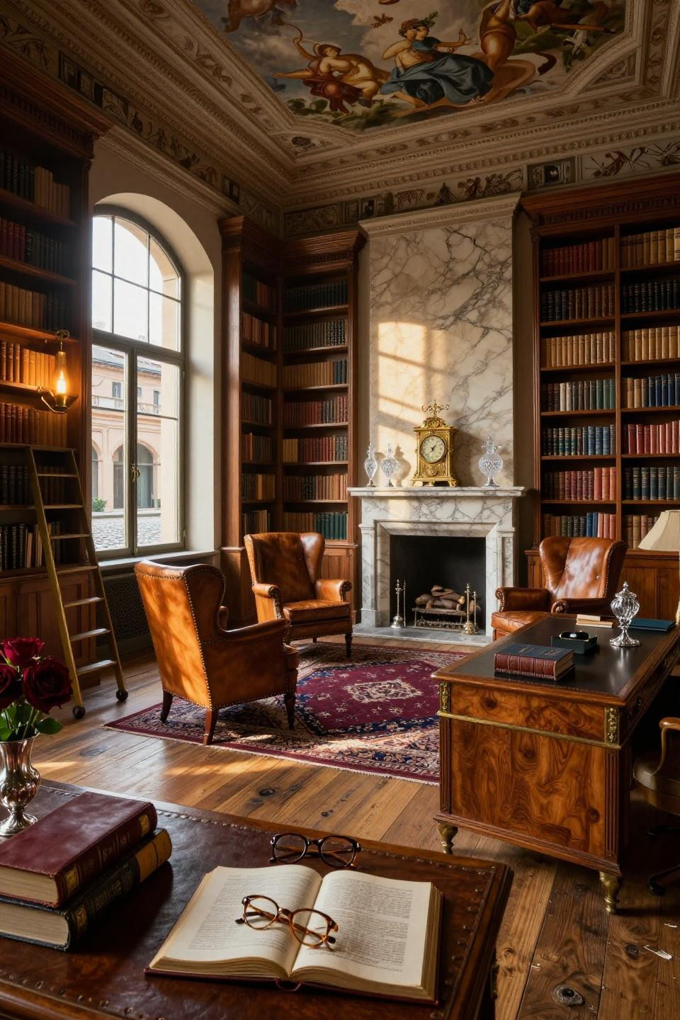 Reading room with coffered ceilings and custom walnut bookshelves in restored 17th-century palazzo