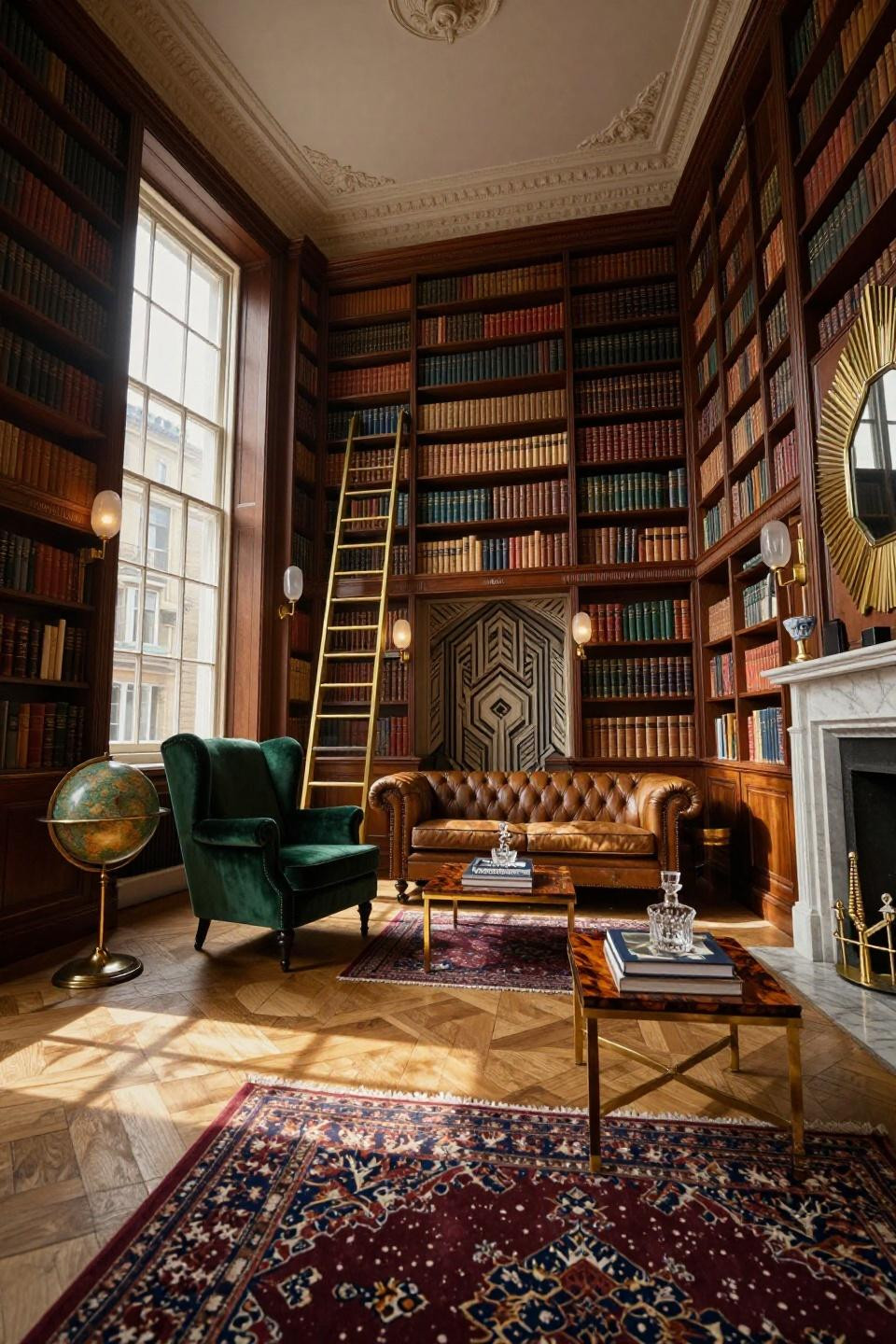 Home library ideas cozy with high-gloss walls and brass hardware