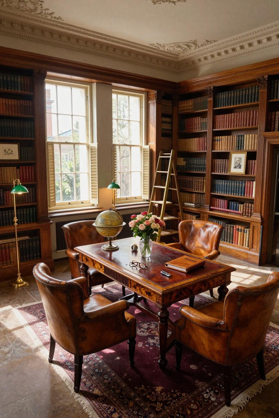 Home library ideas cozy with mahogany shelving and brass ladder