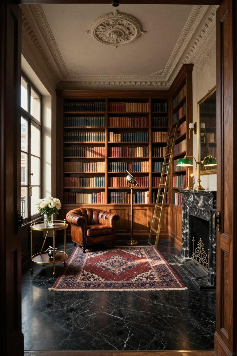 Home library ideas cozy with honed granite and walnut millwork