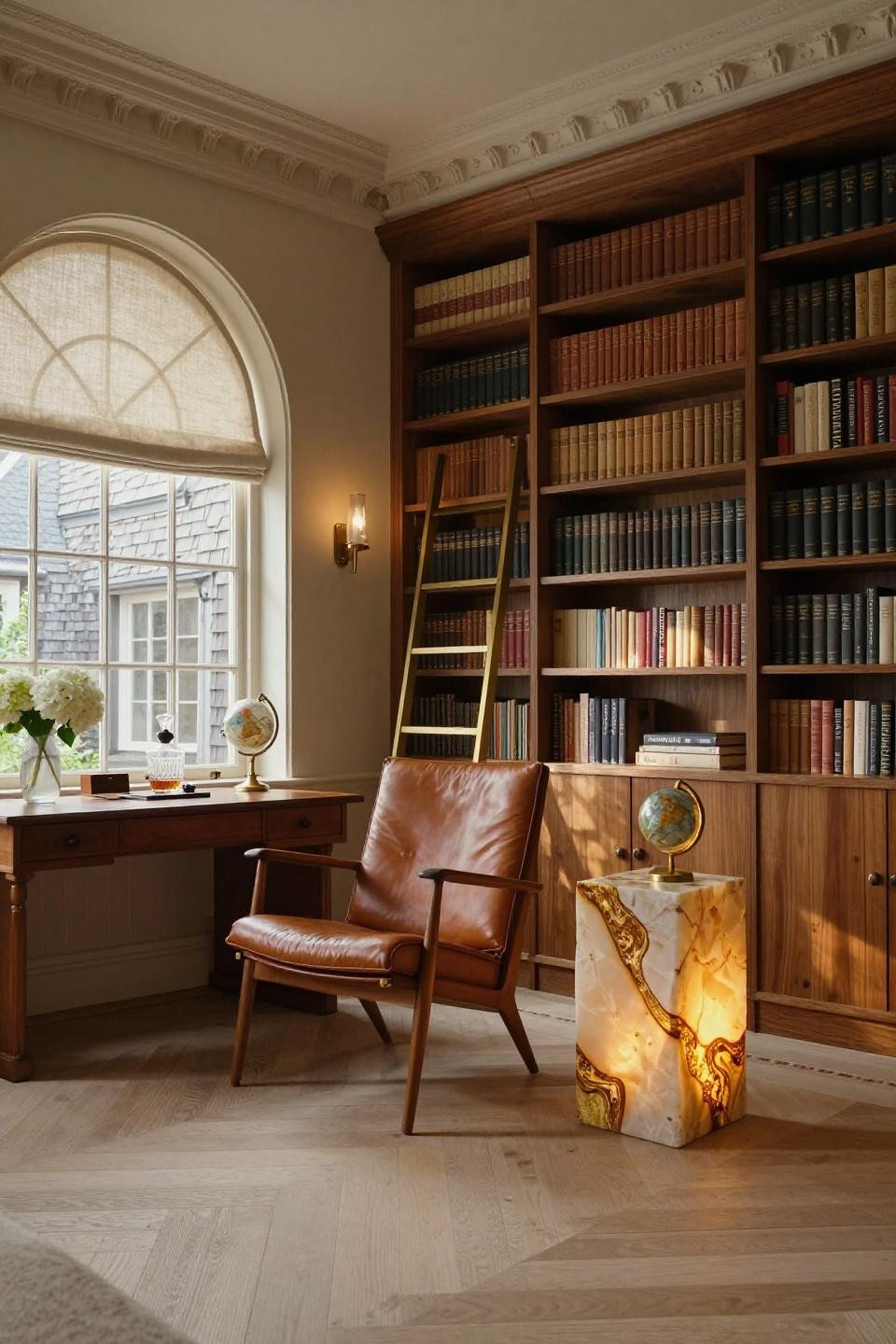 Home library ideas cozy with Vladimir Kagan chair and walnut millwork