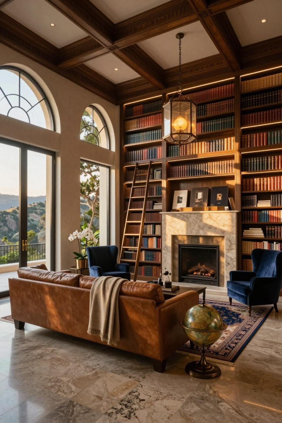Home library ideas cozy with aged bronze millwork and teak ladder