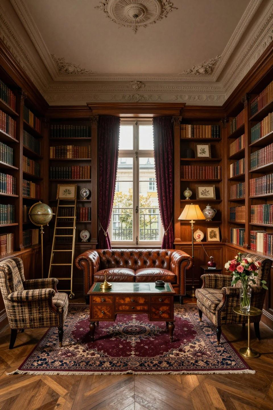 Home library ideas cozy with Chesterfield and tartan upholstery