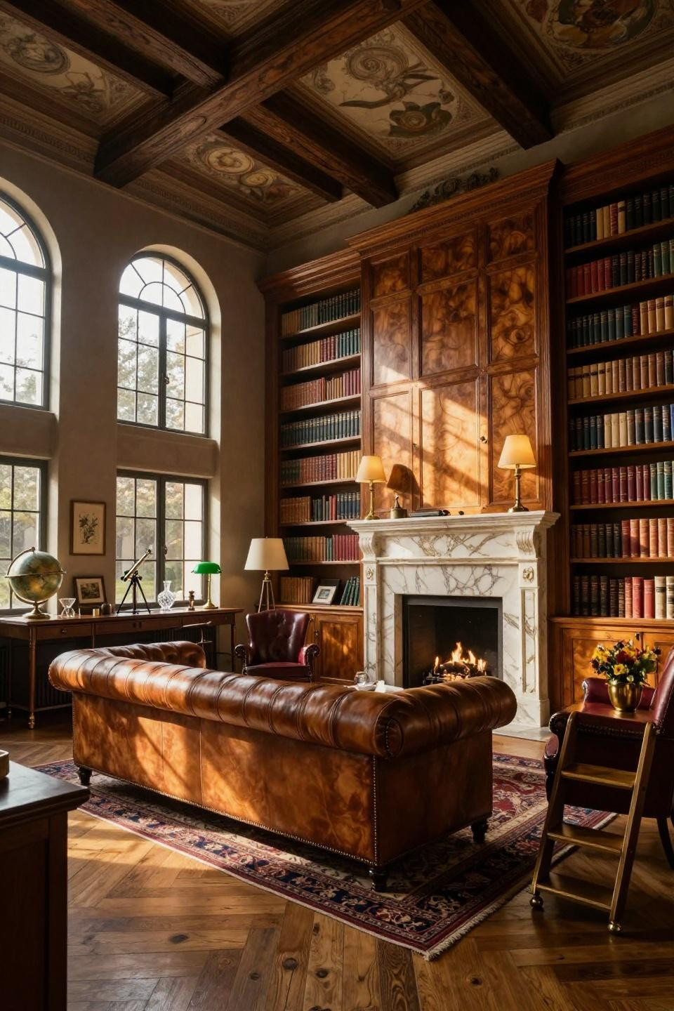 Home library ideas cozy with book-matched marble fireplace