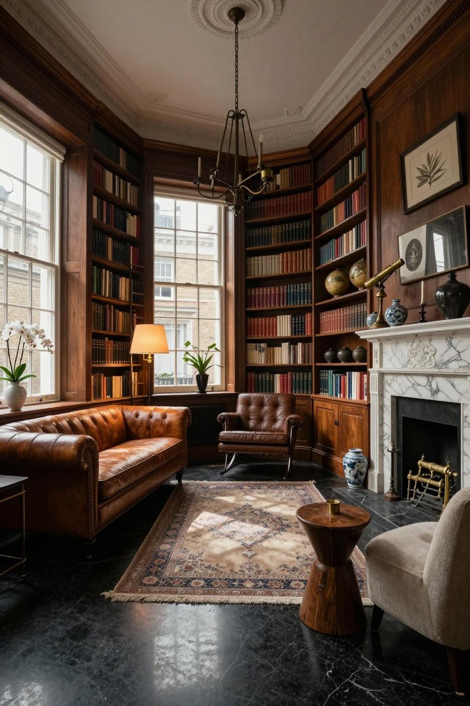 Home library ideas cozy with honed granite and mahogany shelving