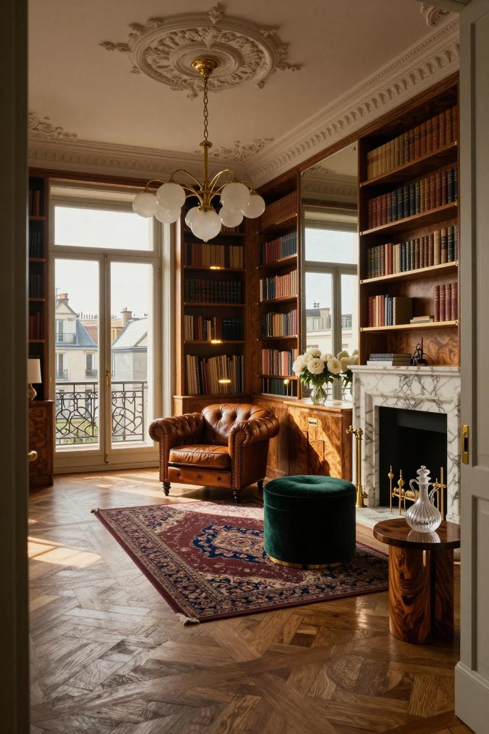 Home library design cozy with Calacatta marble fireplace