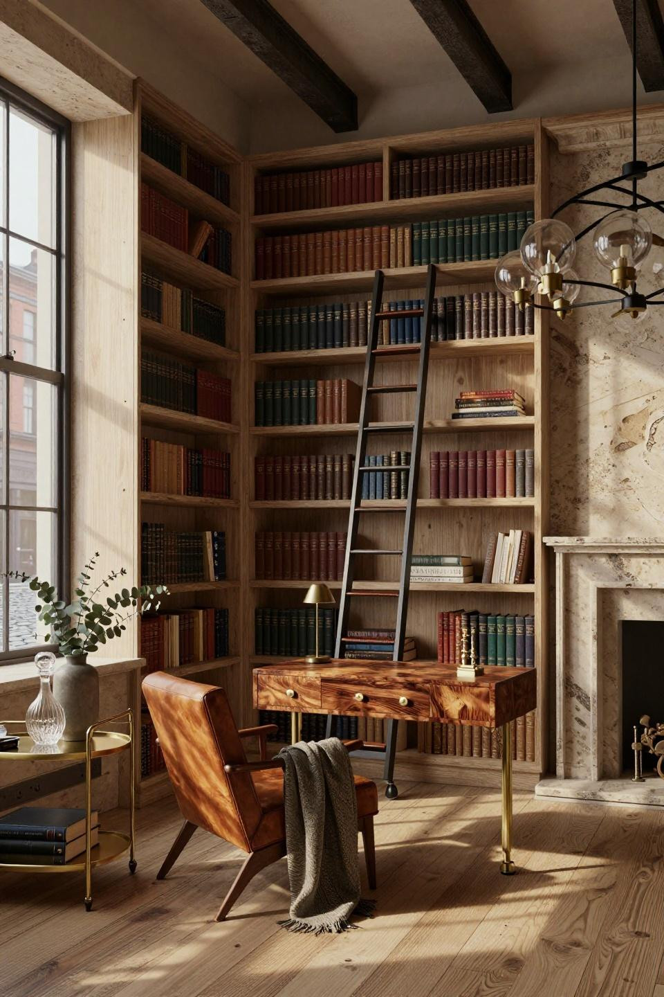Luxury home library with cerused oak and blackened steel ladder