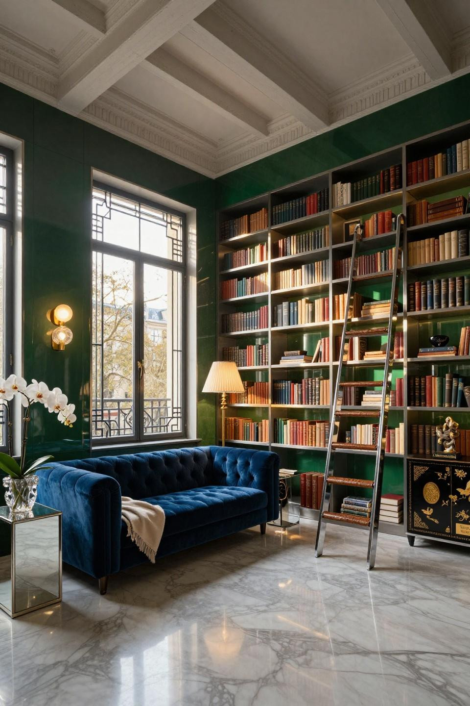 Beautiful home library with Hollywood Regency illuminated shelving