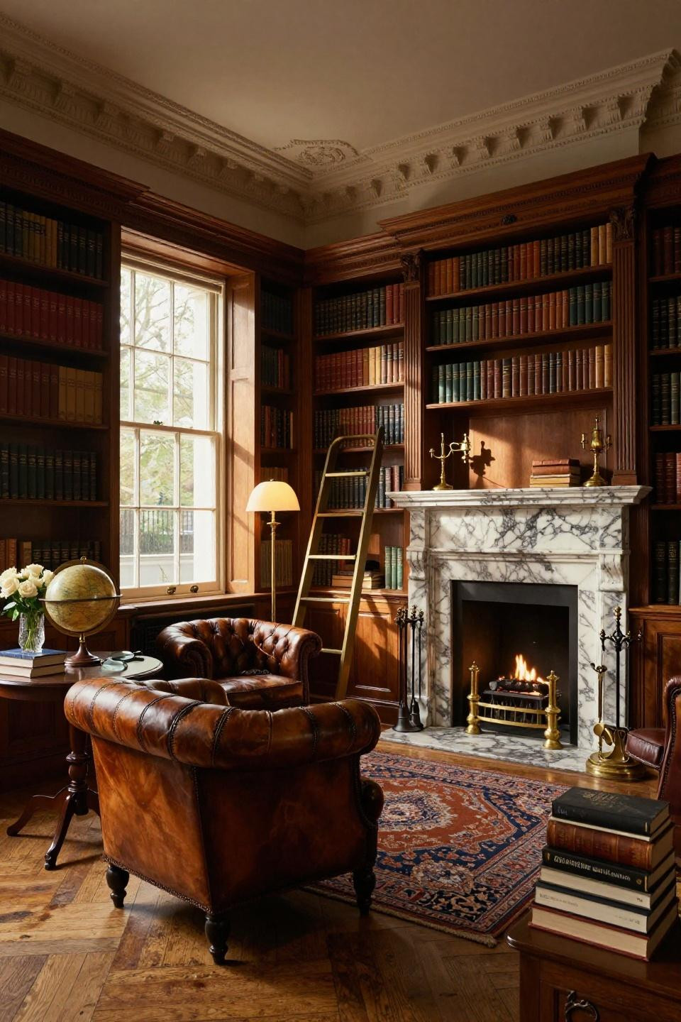 Home library design ideas with hand-carved marble fireplace