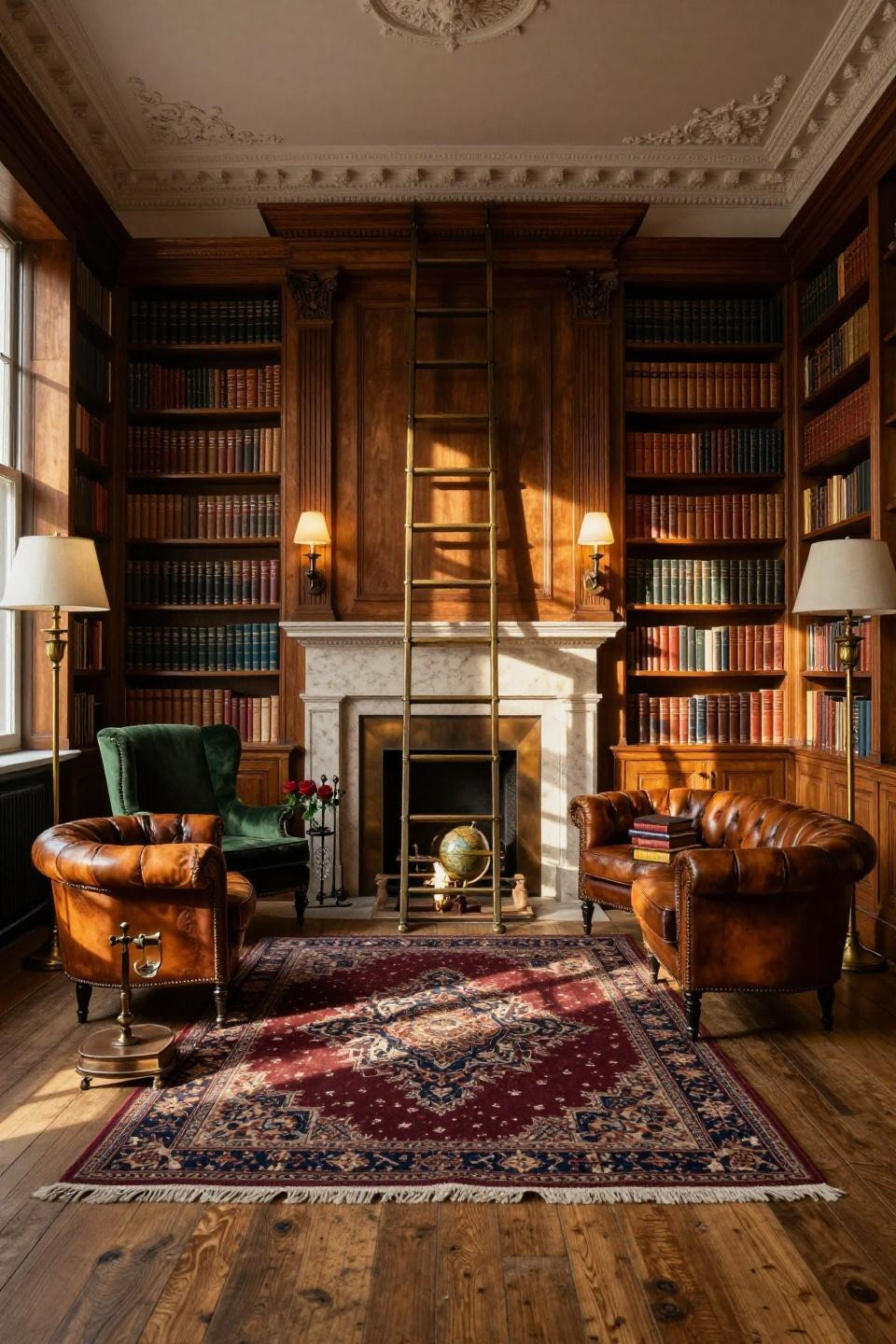 Big home library with walnut shelving and rolling bronze ladder
