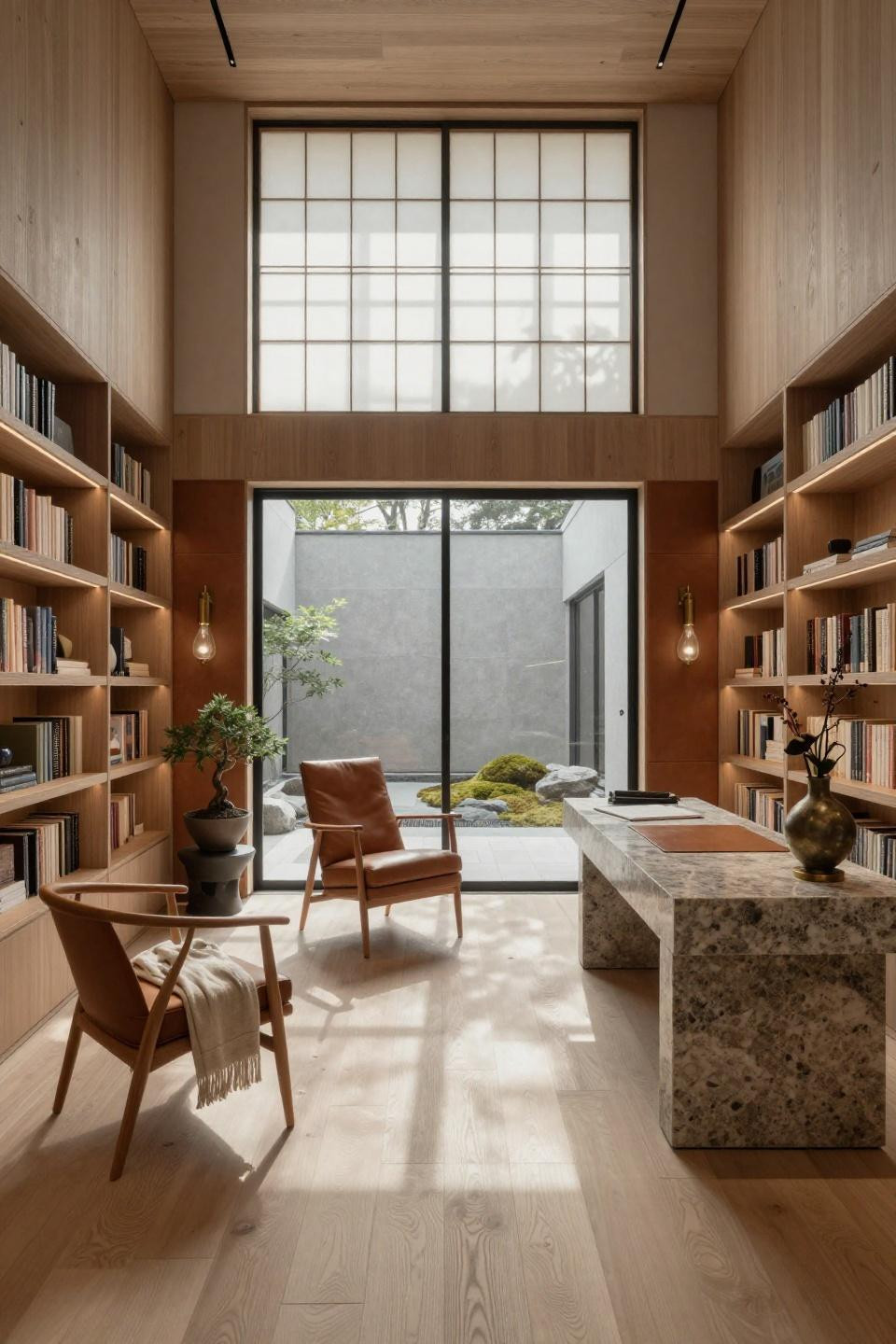 Dream house library with cerused oak and Japanese minimalism