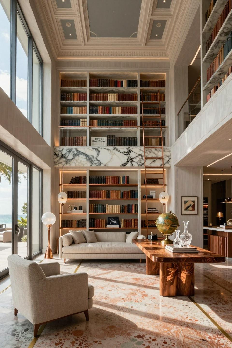Aesthetic home library with quartzite shelving and verdigris copper