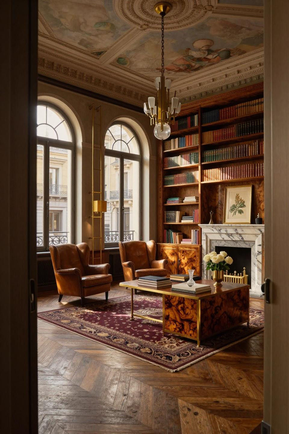 Home library aesthetic with walnut burl bookshelves and Apparatus chandelier
