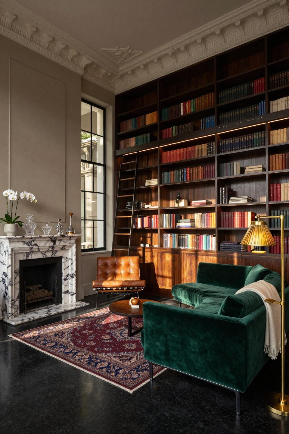 Dream home library ideas with emerald B&B Italia velvet sofa and Poliform shelving