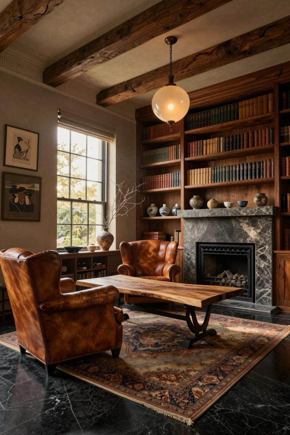 Small home library ideas with walnut burl shelving and blackened wrought iron fireplace in Beverly Hills estate