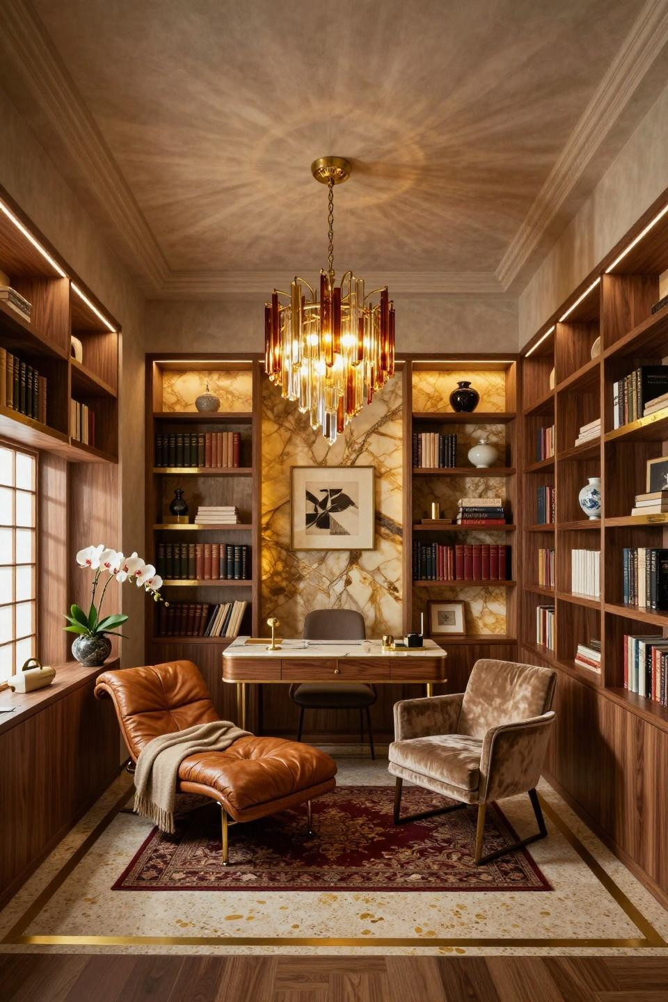 Small home library ideas with backlit onyx panels and walnut shelving in Tokyo Omotesando apartment