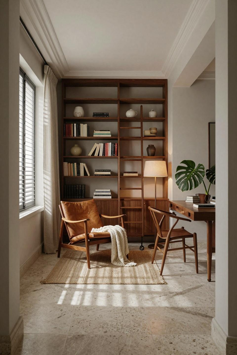 Small home library ideas with walnut shelving and travertine flooring in Miami South Beach Art Deco villa