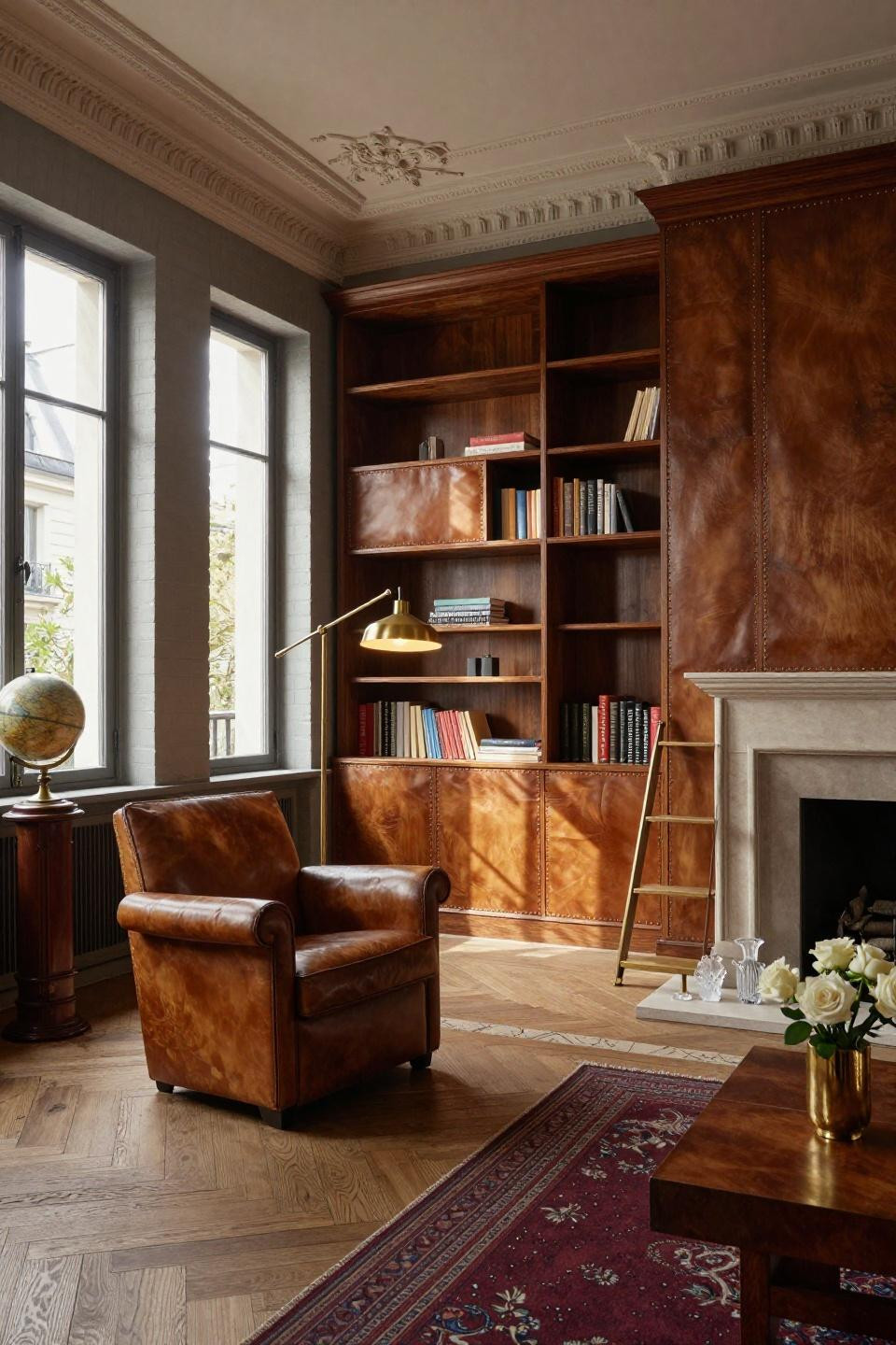 Small home library ideas with hand-carved rosewood shelving and leather panels in Milan Centro Storico palazzo