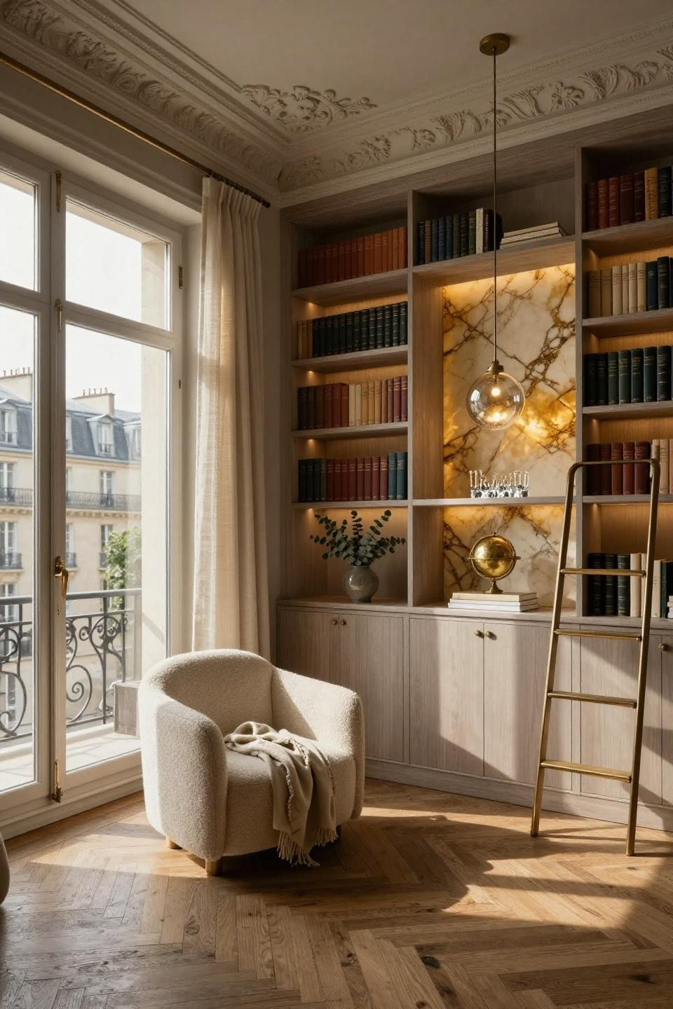 Small home library ideas with pale ash millwork and backlit onyx panels in Parisian Haussmann penthouse