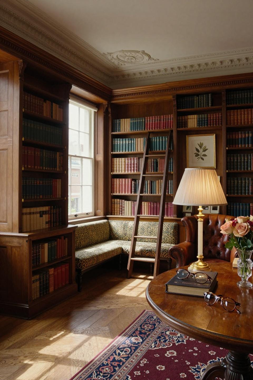 Small home library ideas featuring bespoke mahogany reading alcove with chintz upholstery in Georgian townhouse
