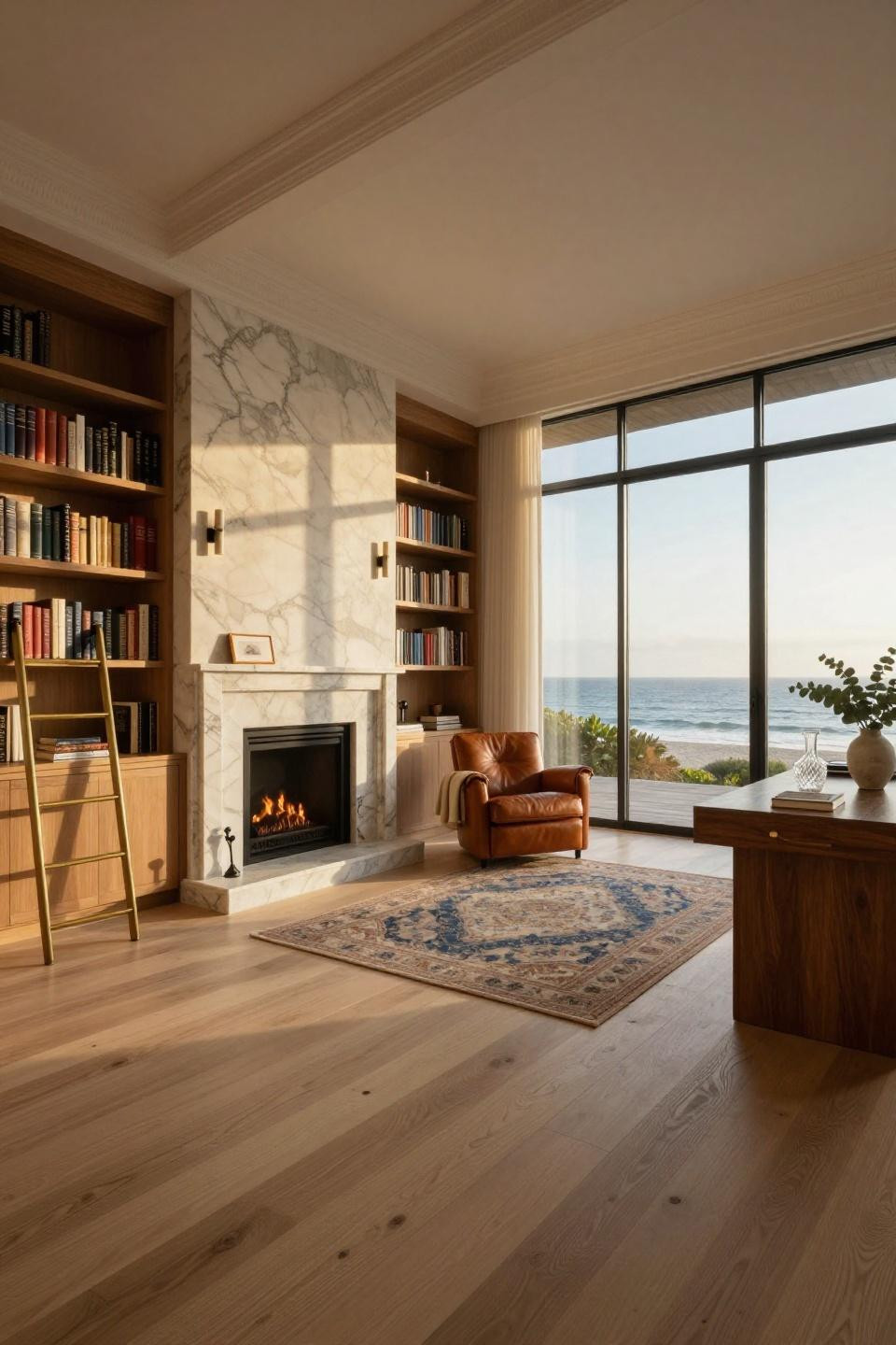 Small home library ideas with cerused oak shelving and Calacatta marble fireplace in Malibu coastal home