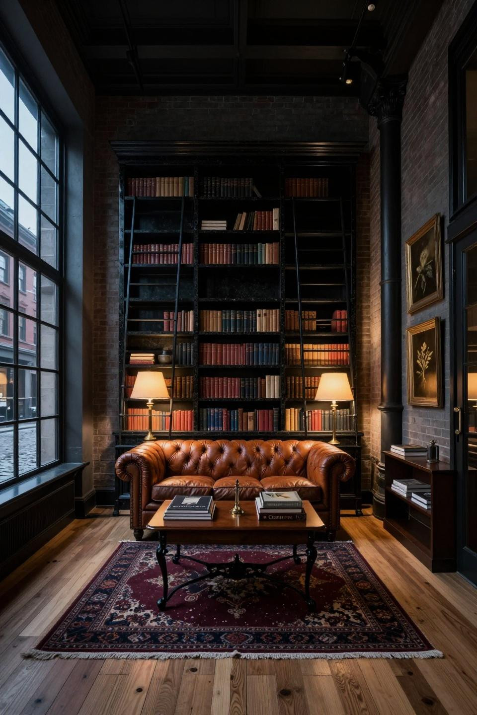Small home library ideas with absolute black granite shelving and wrought iron ladder in Tribeca industrial loft
