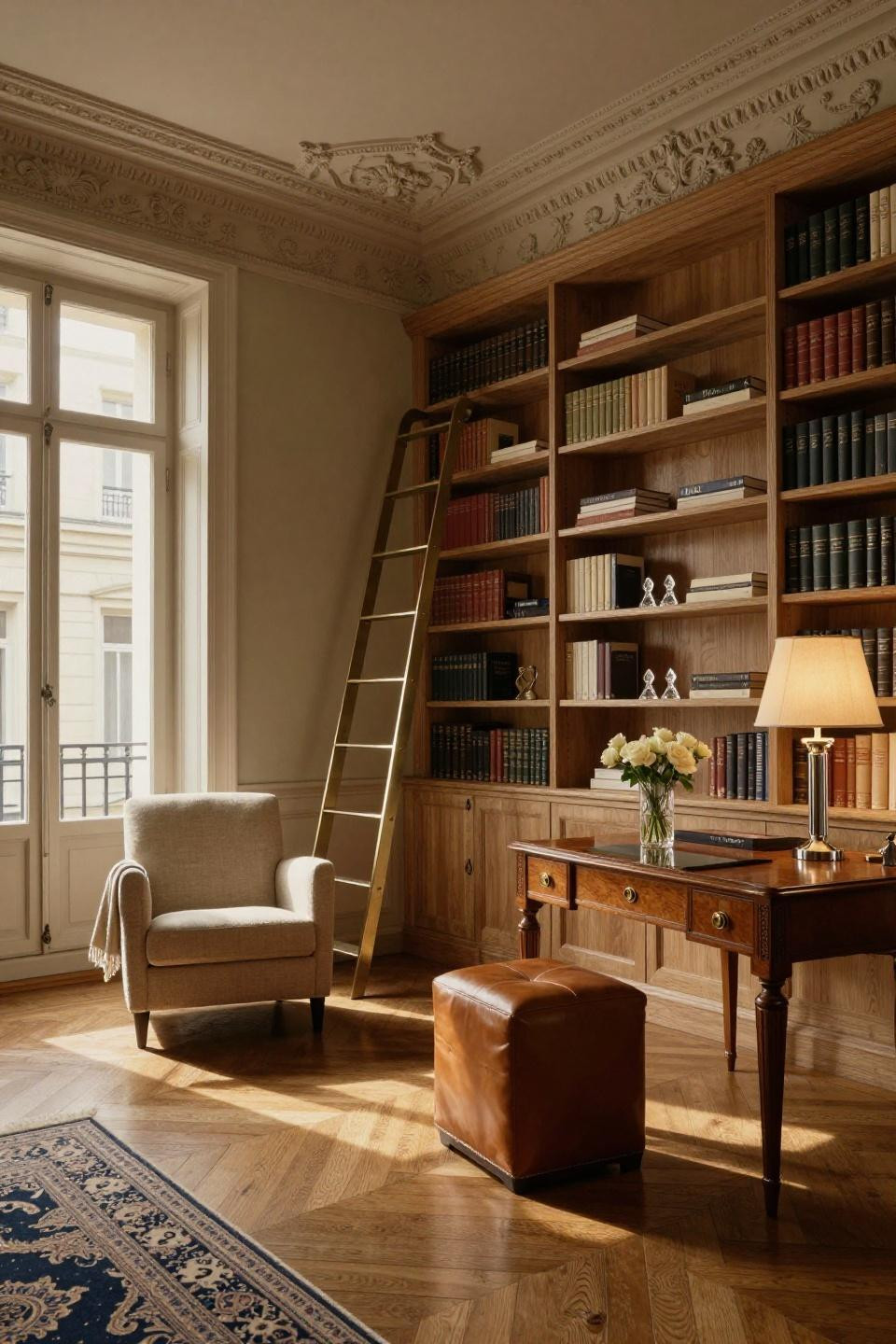 Small home library ideas with cerused white oak millwork and polished nickel ladder in Parisian Haussmann apartment